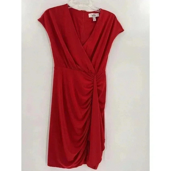 Belle Badgley Mischka Faux-Wrap Draped V-Neck Cocktail Dress Red Size 0 EUC - Picture 1 of 9